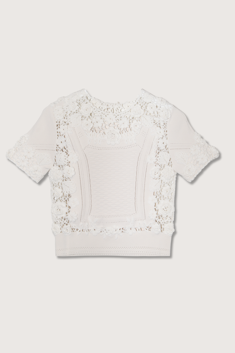 flat lay Stella Short sleeve floral Crochet  Knit Top Pristine