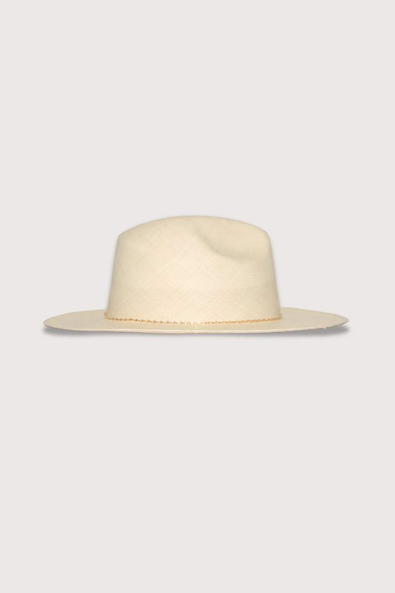 flat lay Straw Hat With Gold Chain Natural