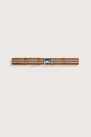 flat lay Stretch Chic Elastic Belt brown stripe Elastic belt with leather detailing
D-rose snap metal buckle closure
Adjustable length