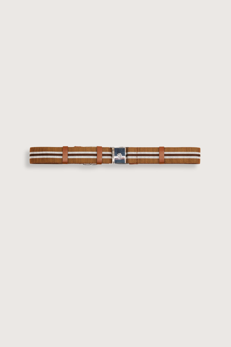 flat lay Stretch Chic Elastic Belt brown stripe Elastic belt with leather detailing
D-rose snap metal buckle closure
Adjustable length