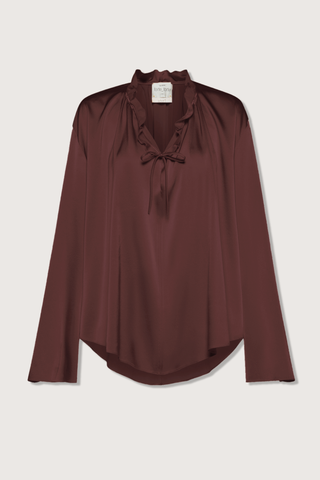 flat lay Stretch Silk Bohemian Shirt Chocolate Curved hem
Ruffle neck with low v-neck tie