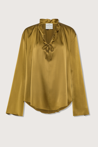 flat lay Stretch Silk Bohemian Shirt Khaki Curved hem
Ruffle neck with low v-neck tie