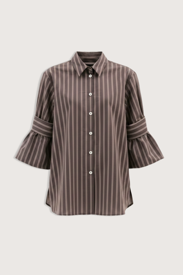 flat lay Stripe Short Sleeve Shirt toffee brown Blouse
Puff sleeves
Cufflinks
Turned-up sleeve with pleats&nbsp;
Classic collar
Rounded hem
Side slits
Longer at the back
