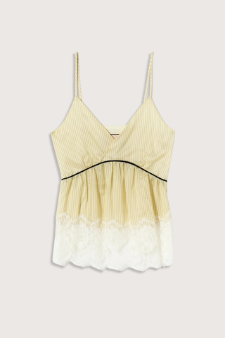 flat lay Striped Cami With Lace egg yellow Striped cupro top
V-neckline
Contrast empire waist piping
Deep scalloped lace hem