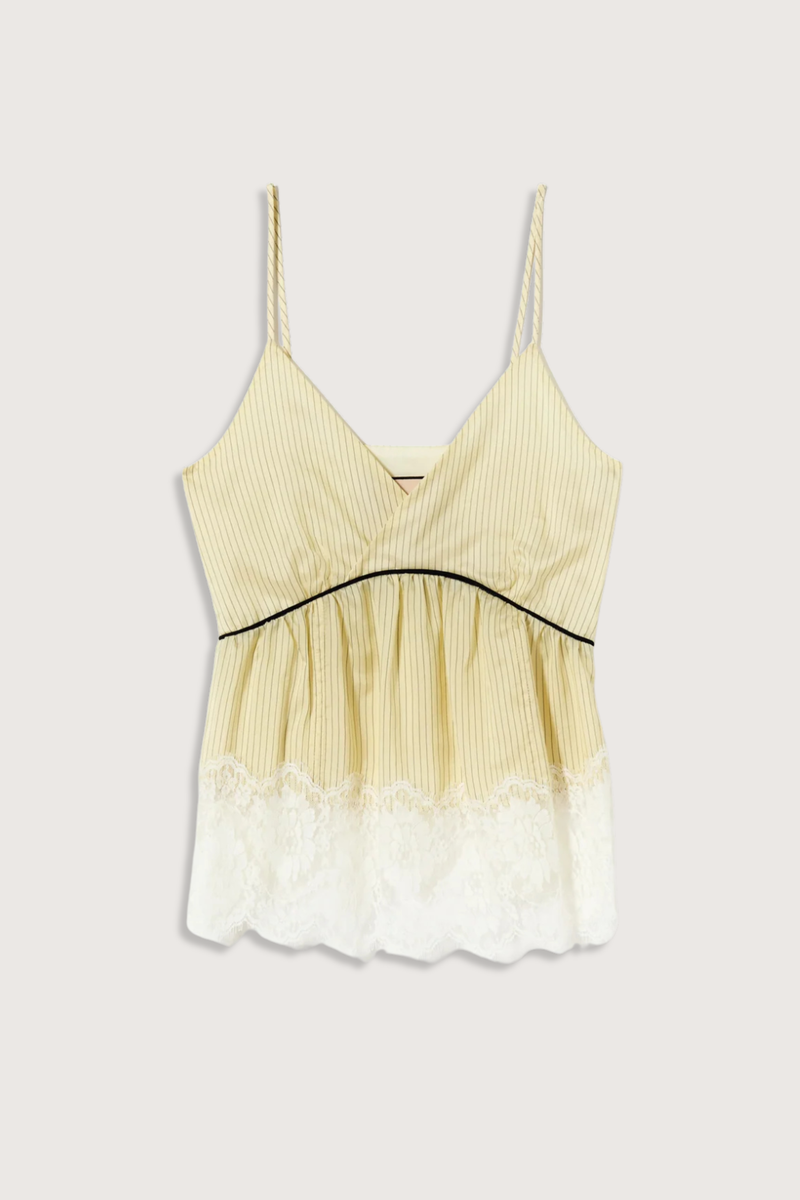 flat lay Striped Cami With Lace egg yellow Striped cupro top
V-neckline
Contrast empire waist piping
Deep scalloped lace hem