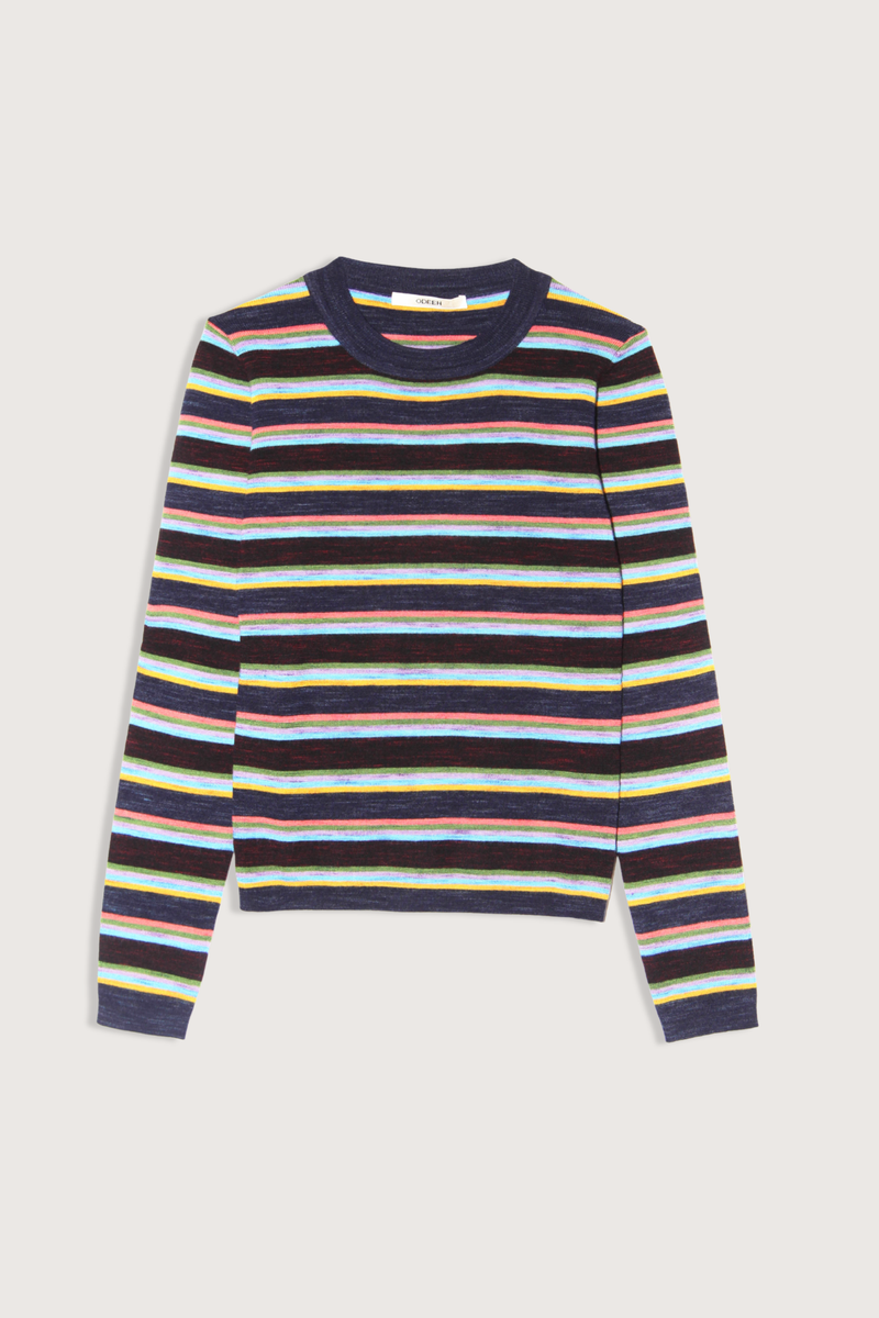 flat lay Striped Long Sleeve Crew Sweater multicolor Slim-fit
Crew-neck
Multicolored striped pattern
Slub yarn
100% virgin wool