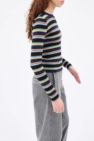 side profile model wearing Striped Long Sleeve Crew Sweater multicolor Slim-fit
Crew-neck
Multicolored striped pattern
Slub yarn
100% virgin wool
