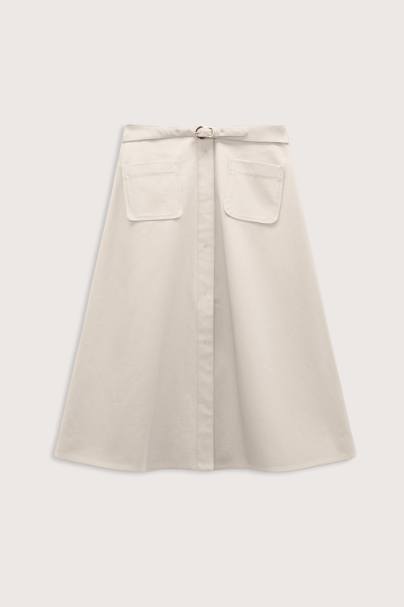 flat lay Summer Of Love Skirt champagne white Flared skirt
Matching belt, with a signature buckle closure
85 % Cotton, 15 % Linen
Belted waist
Center front slit
Faux front button placket
Patch pockets
In-seam side zip closure
Unlined