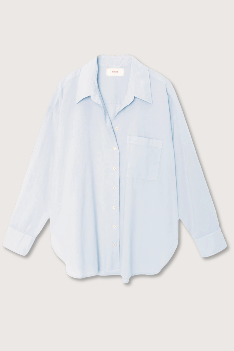 flat lay Sydney Boxy Cotton Shirt Skylight poplin cotton long sleeve Oversized button-down shirt with a left chest patch pocket