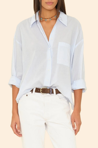 front profile model wearing Sydney Boxy Cotton Shirt Skylight poplin cotton long sleeve Oversized button-down shirt with a left chest patch pocket