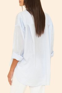 back profile model wearing Sydney Boxy Cotton Shirt Skylight poplin cotton long sleeve Oversized button-down shirt with a left chest patch pocket