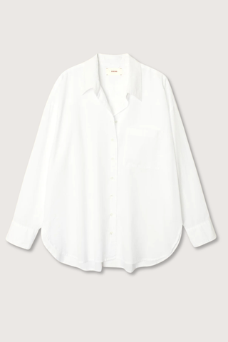 flat lay Sydney Boxy Cotton Shirt White cotton poplin long sleeve Oversized button-down shirt with a left chest patch pocket