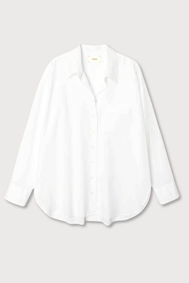 flat lay Sydney Boxy Cotton Shirt White cotton poplin long sleeve Oversized button-down shirt with a left chest patch pocket