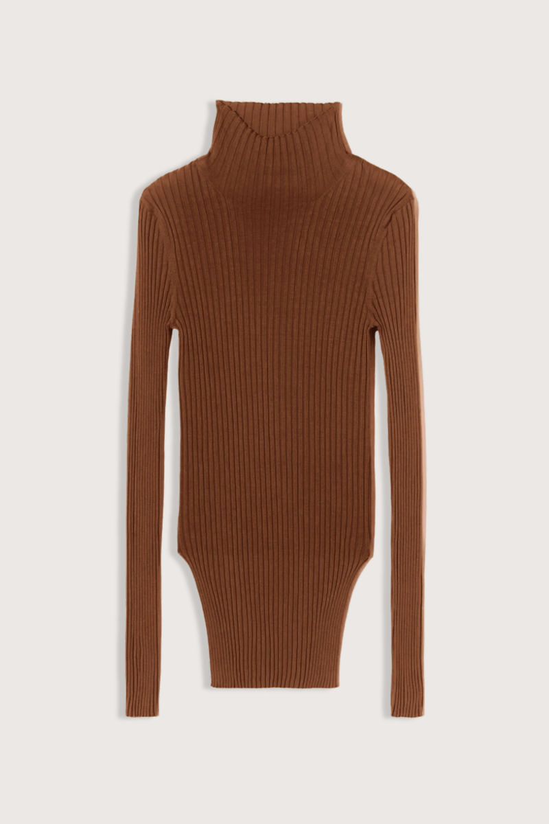flat lay T-Neck Merino Fitted Top toasted brown Medlar long-sleeved turtleneck
Silk yarn
All-over vertical ribbed knit
Soft high collar
Asymmetric hemline
Deep, rounded cut-outs at the hips
