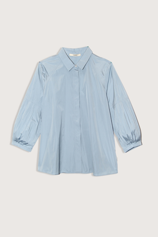 flat lay Taffeta Short Sleeve Blouse Airblue 100% Polyester
Classic collar
3/4 bubble sleeve
Hidden front button closure except for top button