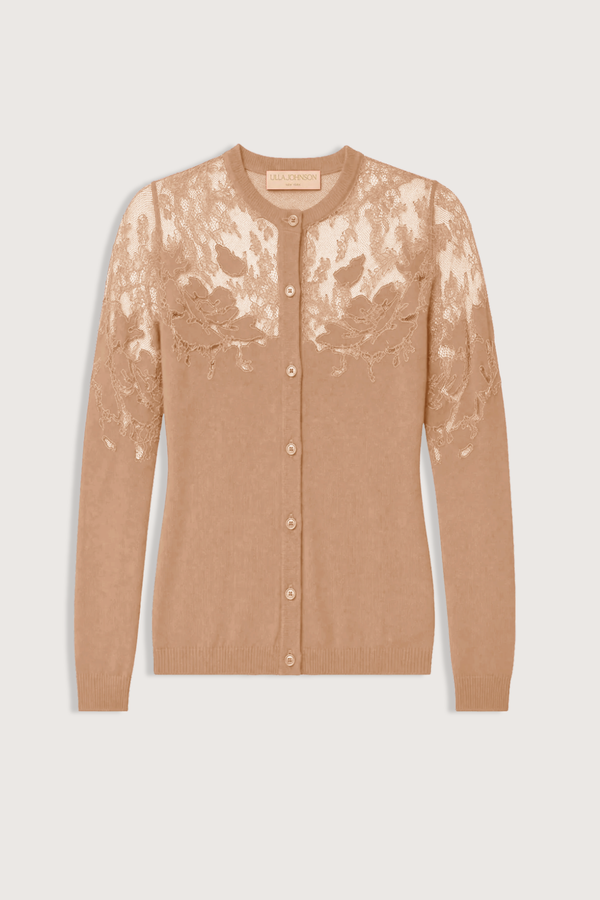 flat lay Talia Lace Cardigan Almond Embroidered floral detail
Hand-inlaid over a Chantilly lace base
Model Height: 5'10"
100% merino wool
Buttons closures
Long sleeves
Fitted throughout
Yoke embroidery