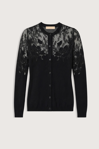flat lay Talia Lace Cardigan Noir black Embroidered floral detail
Hand-inlaid over a Chantilly lace base
100% merino wool
Buttons closures
Long sleeves
Fitted throughout
Yoke embroidery