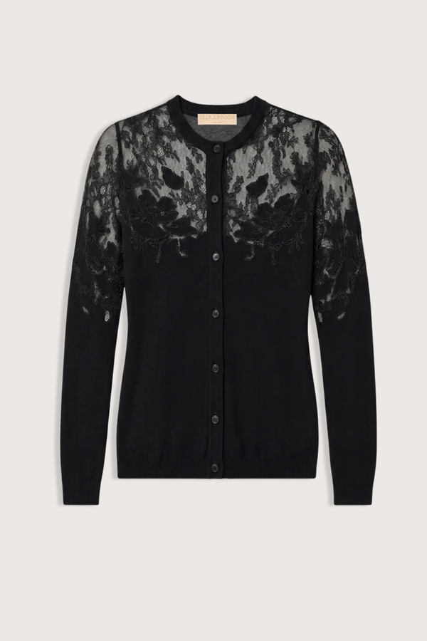 flat lay Talia Lace Cardigan Noir black Embroidered floral detail
Hand-inlaid over a Chantilly lace base
100% merino wool
Buttons closures
Long sleeves
Fitted throughout
Yoke embroidery