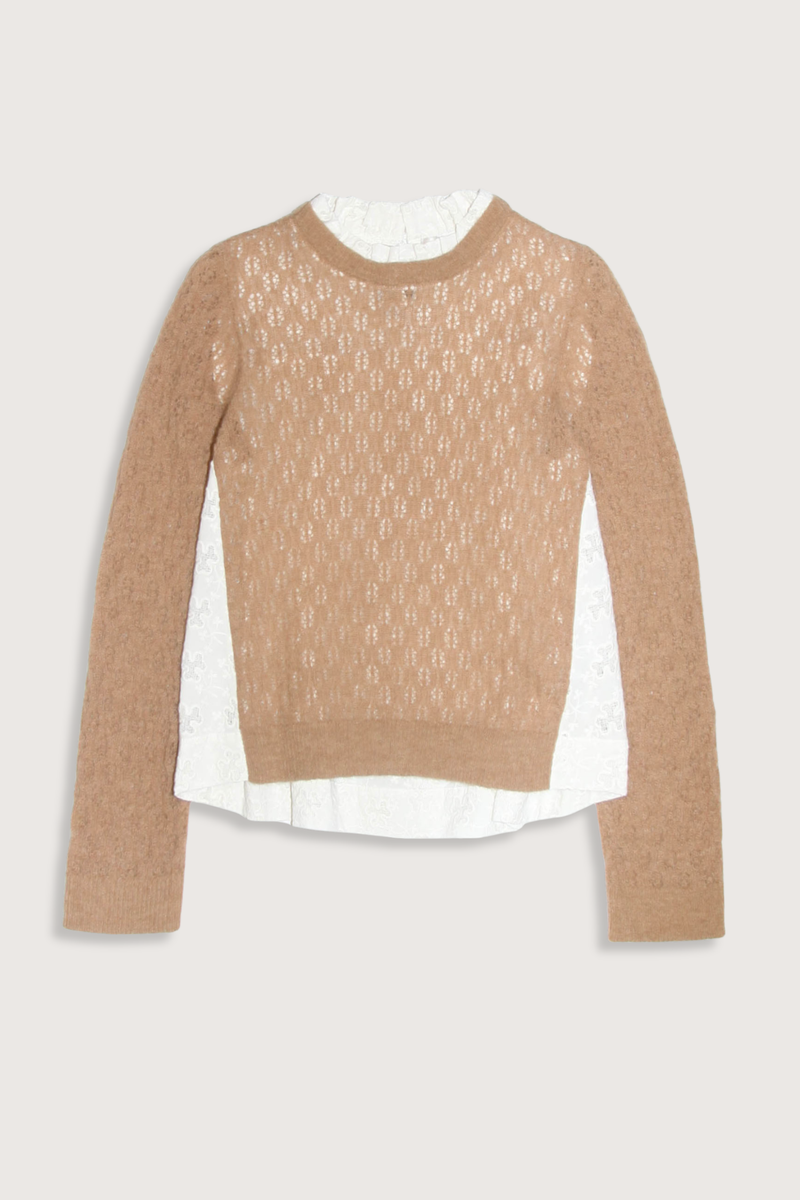 flat lay Teagan Knit Sweater Camel Soft alpaca wool at the front
Intricate embroidery on the back
Delicate ruffle at the collar
Ribbed-knit trim at the cuffs and hem
Self-55% alpaca, 45% polyamide
combo-100% cotton
Button back closure