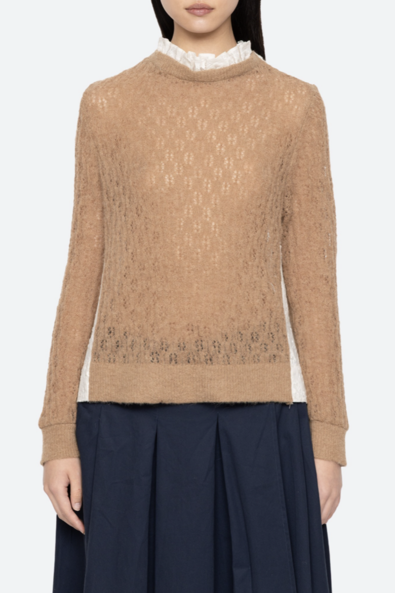 front profile model wearing Soft alpaca wool at the front
Intricate embroidery on the back
Delicate ruffle at the collar
Ribbed-knit trim at the cuffs and hem
Self-55% alpaca, 45% polyamide
combo-100% cotton
Button back closure