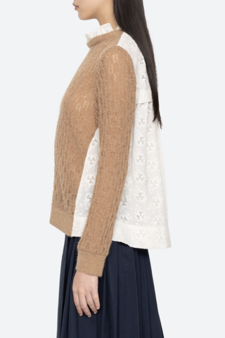 side profile model wearing Soft alpaca wool at the front
Intricate embroidery on the back
Delicate ruffle at the collar
Ribbed-knit trim at the cuffs and hem
Self-55% alpaca, 45% polyamide
combo-100% cotton
Button back closure