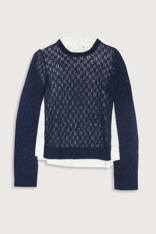 flat lay Teagan Knit Sweater Navy Soft alpaca wool at the front
Intricate embroidery on the back
Delicate ruffle at the collar
Ribbed-knit trim at the cuffs and hem
Self-55% alpaca, 45% polyamide
combo-100% cotton
Button back closure