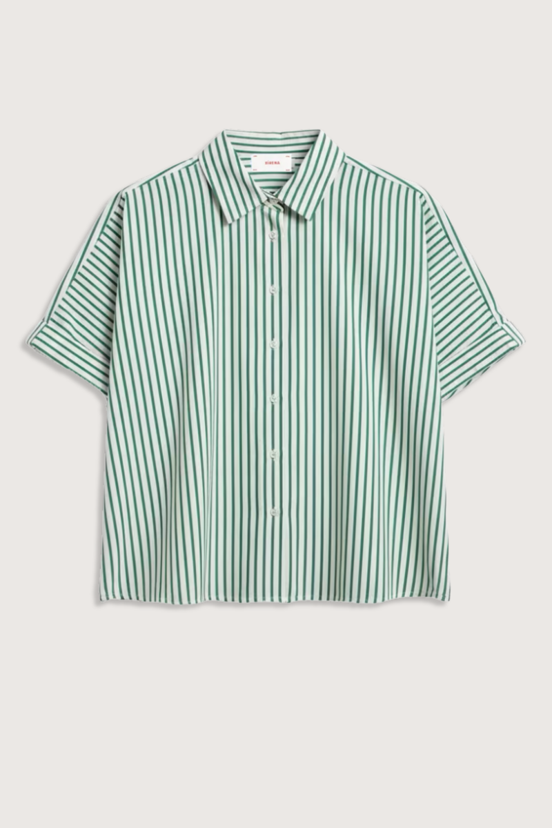 flat lay Teddy Short Sleeve Top green white stripe Crisp multicolor stripe cotton
Cropped button-front
Boxy fit
Rolled sleeves
Back yoke
100% Cotton