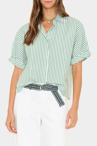 front profile model wearing  Teddy Short Sleeve Top green white stripe Crisp multicolor stripe cotton
Cropped button-front
Boxy fit
Rolled sleeves
Back yoke
100% Cotton