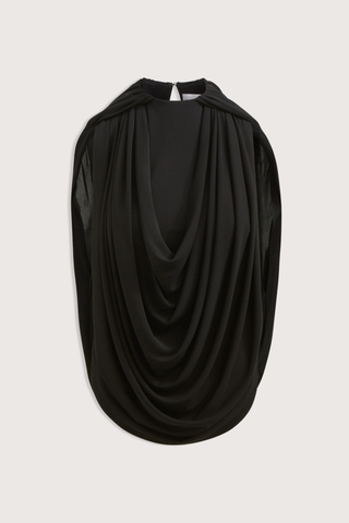 flat lay The Astor Draped Jersey Top Black 
Cascading folds
Sleeveless
Deep cowl-neck draping
Fitted silhouette through the waist
100% Viscose Jersey