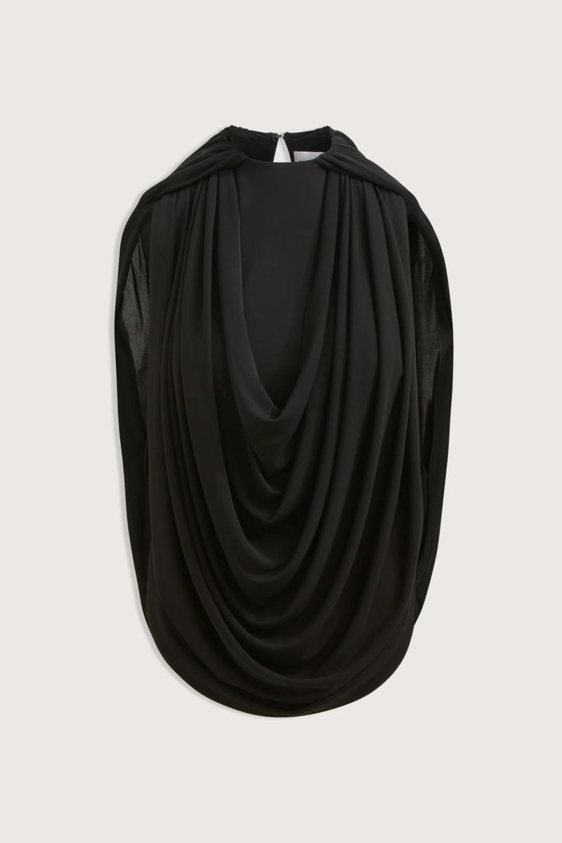 flat lay The Astor Draped Jersey Top Black 
Cascading folds
Sleeveless
Deep cowl-neck draping
Fitted silhouette through the waist
100% Viscose Jersey
