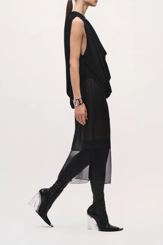 side profile model wearing The Astor Draped Jersey Top Black 
Cascading folds
Sleeveless
Deep cowl-neck draping
Fitted silhouette through the waist
100% Viscose Jersey