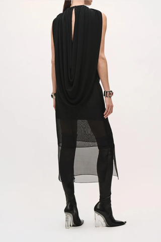 back profile model wearing The Astor Draped Jersey Top Black 
Cascading folds
Sleeveless
Deep cowl-neck draping
Fitted silhouette through the waist
100% Viscose Jersey