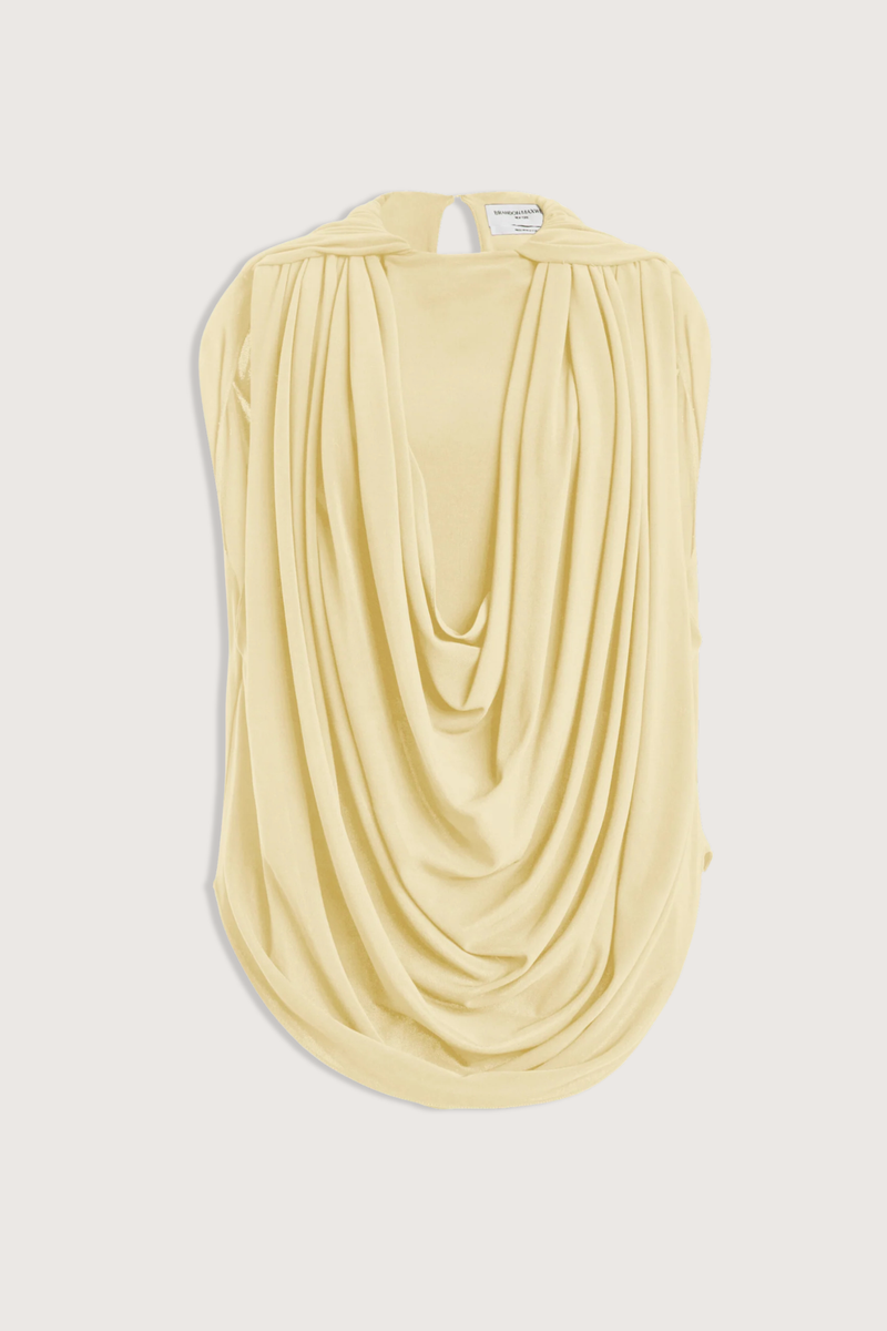 flat lay The Astor Draped Jersey Top Butter Cascading folds
Sleeveless
Deep cowl-neck draping
Fitted silhouette through the waist
100% Viscose Jersey