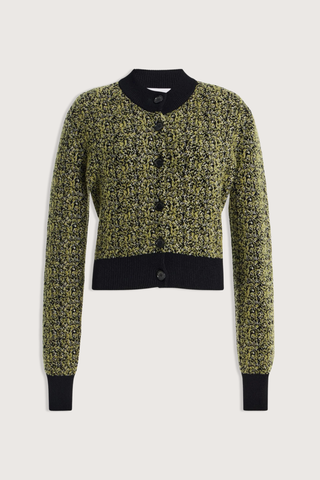 flat lay The Aubrey Marled Yarn Cardigan green static multi Custom Italian viscose and bouclé wool jacquard
Textured static-effect knit
Cropped, compact silhouette
Crew neckline
Long sleeves
Contrasting ribbed collar, cuffs and hem
Button-front closure Static Viscose/Wool Jacquard (49% Viscose, 29% Virgin Wool, 12% Polyamide, 10% Polyester)