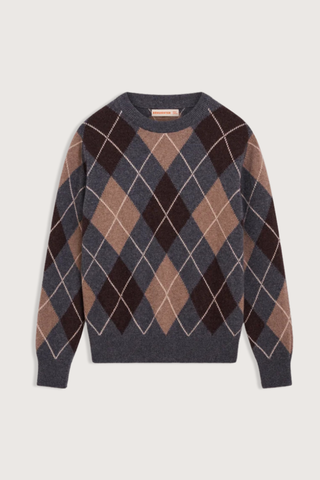 flat lay The Ava Argyle Crewneck Sweater 4 Colors brown grey camel  white Crewneck
Scottish-spun Geelong lambswool
Subtle slouch
100% Geelong Lambswool
Trocas Shell buttons
