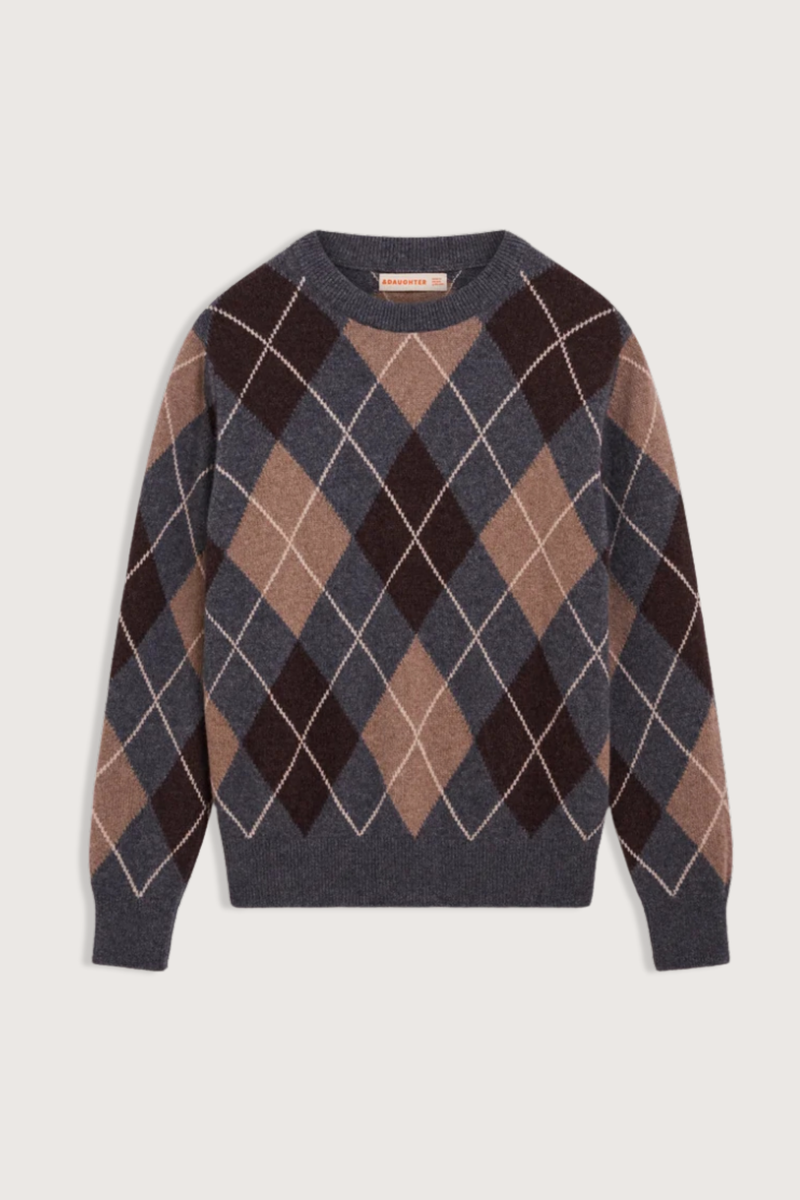 flat lay The Ava Argyle Crewneck Sweater 4 Colors brown grey camel  white Crewneck
Scottish-spun Geelong lambswool
Subtle slouch
100% Geelong Lambswool
Trocas Shell buttons
