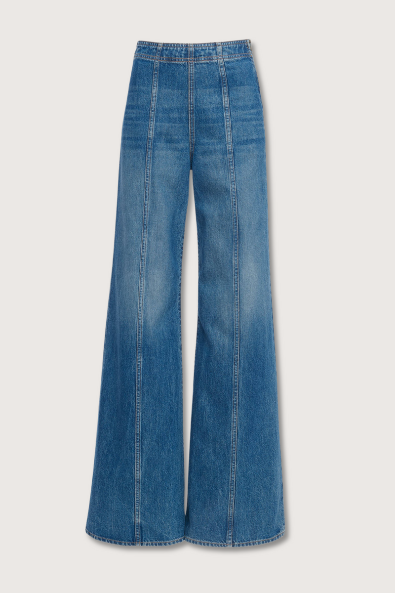 flat lay  The Bianca Wide Legs Jeans blue wash with center front raised seam