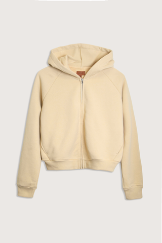 flat lay The Birdie Hoodie butter yellow cotton Luxurious Japanese french terry lining
Piece dyed for a saturated hue that maintains it’s color
Relaxed fit