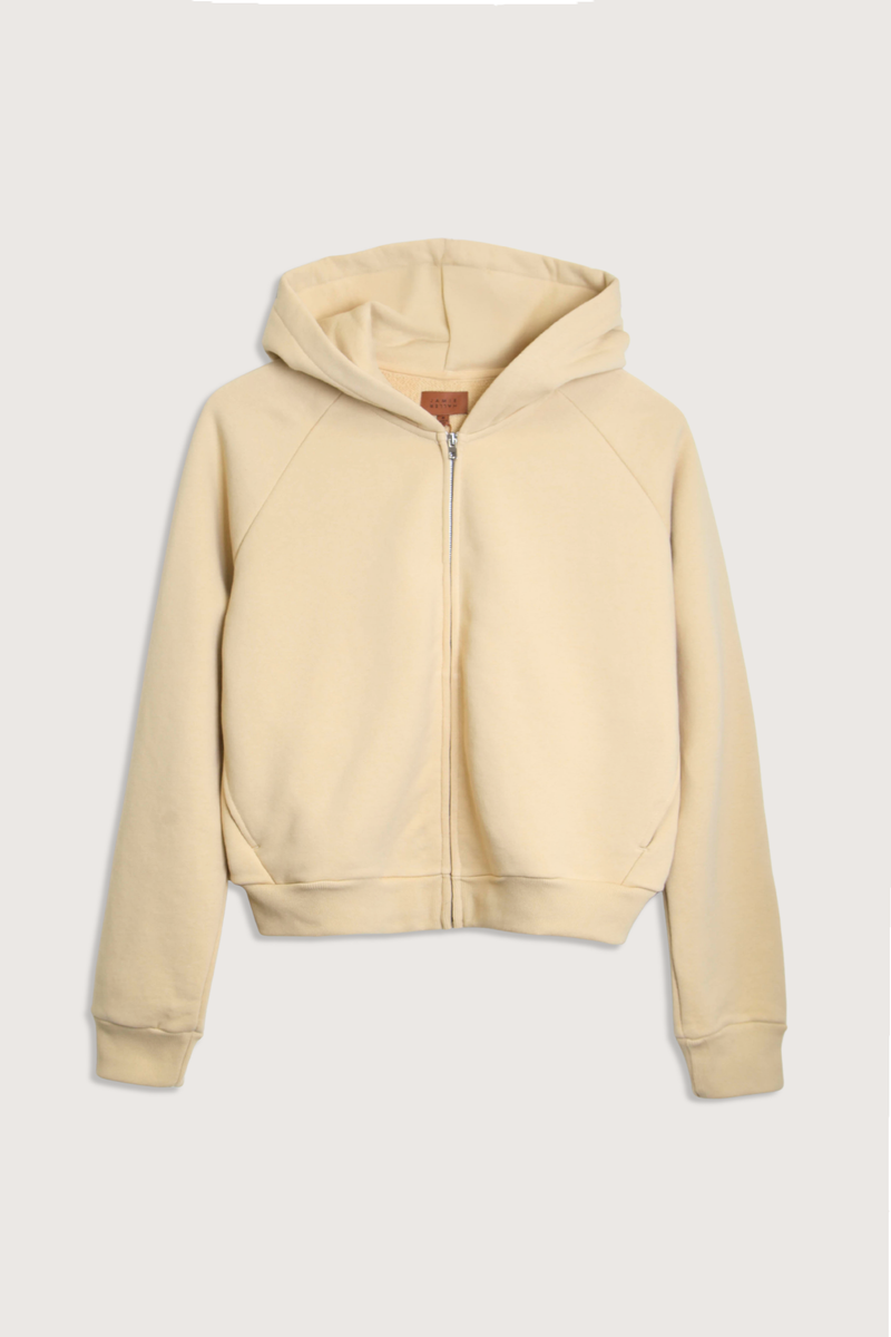 flat lay The Birdie Hoodie butter yellow cotton Luxurious Japanese french terry lining
Piece dyed for a saturated hue that maintains it’s color
Relaxed fit