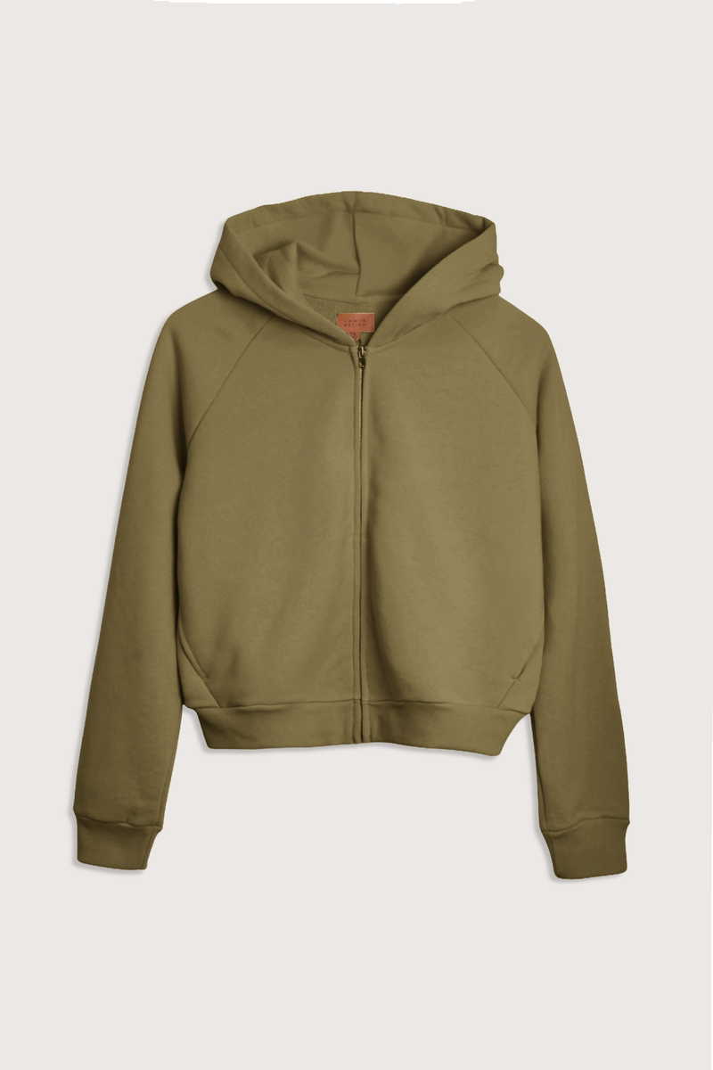 flat lay The Birdie Hoodie Avocado Luxurious Japanese french terry lining
Piece dyed 
100% Cotton front zip up