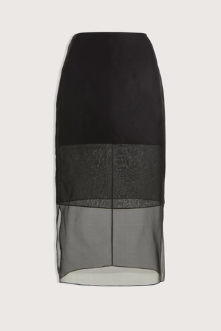 flat lay The Brett Pencil Skirt Black  Silk crepe de chine skirt
Sheer silk organza lower panel
Slim pencil silhouette
Midi length
Concealed center back zip closure with hook-and-eye
Baby-hem finish on organza