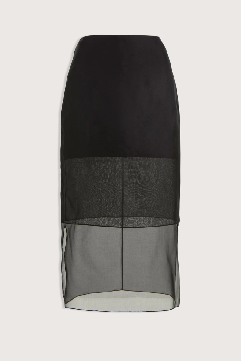 flat lay The Brett Pencil Skirt Black  Silk crepe de chine skirt
Sheer silk organza lower panel
Slim pencil silhouette
Midi length
Concealed center back zip closure with hook-and-eye
Baby-hem finish on organza