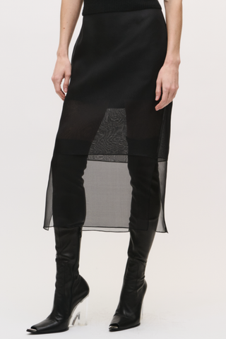 front profile model wearing  The Brett Pencil Skirt Black PENCIL SKIRT
SHEER OVERLAY
100% SILK