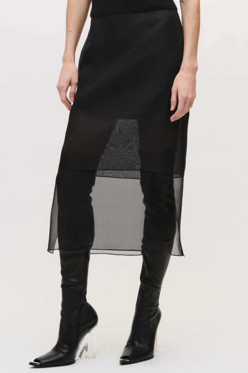 front profile model wearing  The Brett Pencil Skirt Black PENCIL SKIRT
SHEER OVERLAY
100% SILK