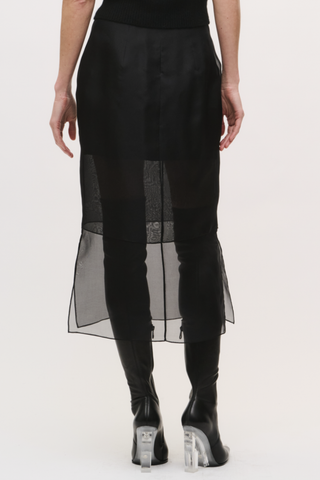 back profile model wearing  The Brett Pencil Skirt Black PENCIL SKIRT
SHEER OVERLAY
100% SILK