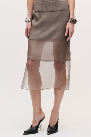 front profile model wearing The Brett Pencil Skirt Smoke grey PENCIL SKIRT
SHEER OVERLAY
100% SILK