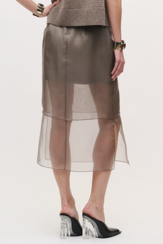 back profile model wearing The Brett Pencil Skirt Smoke grey PENCIL SKIRT
SHEER OVERLAY
100% SILK