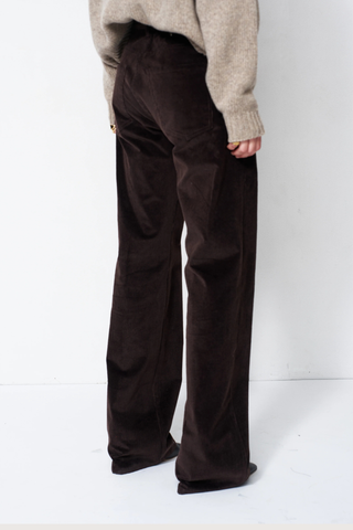 back profile model wearing  The Chic Straight Corduroy Pant cacao brown Fit but relaxed
A long lean straight
Italian Corduroy
Wide wale
32" inseam
77% Cotton 22% Lyocell 1% Elastane