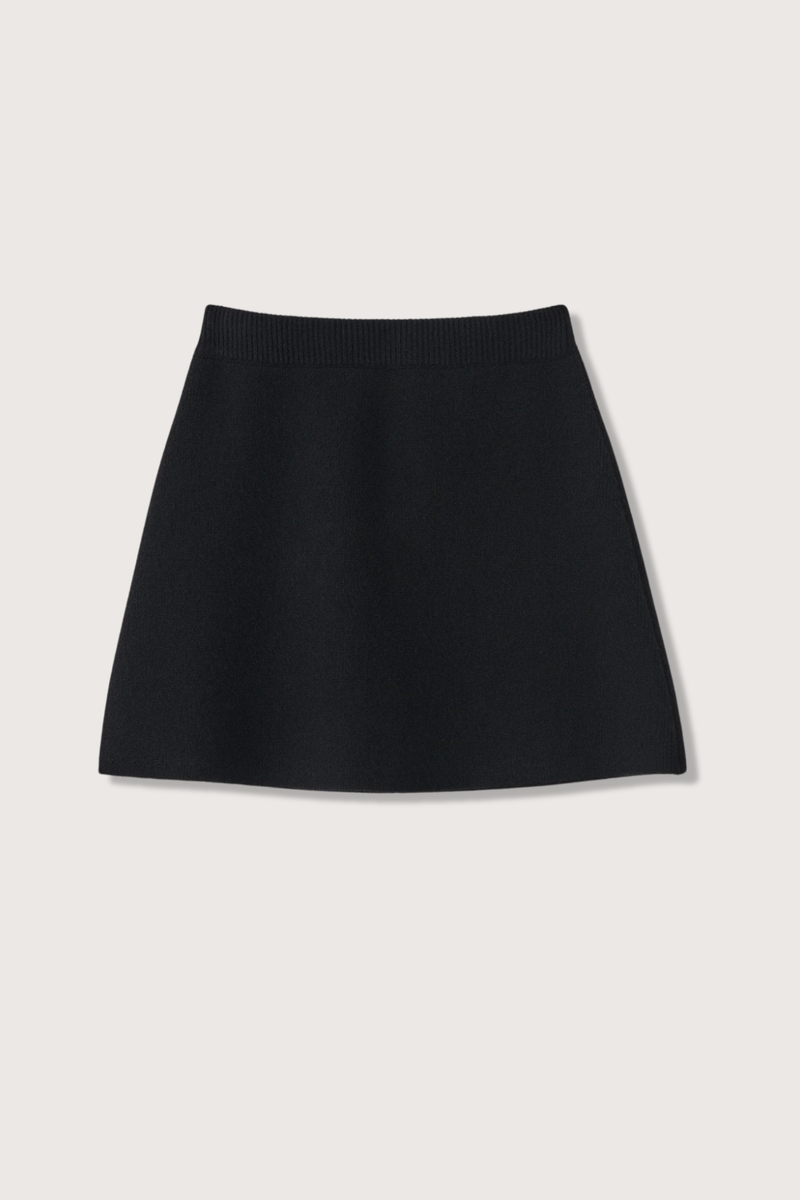 flat lay The Clare Skirt Black cashmere mini length regular fit slightly flared elastic waistband