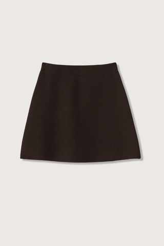 flat lay The Clare Skirt  Dark Oak cashmere regular fit slightly flared elastic waistband mini length